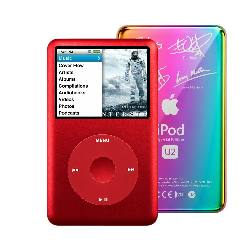 Red refurbished iPod Classic 7th Gen with Red click wheel and Rainbow U2 back plate