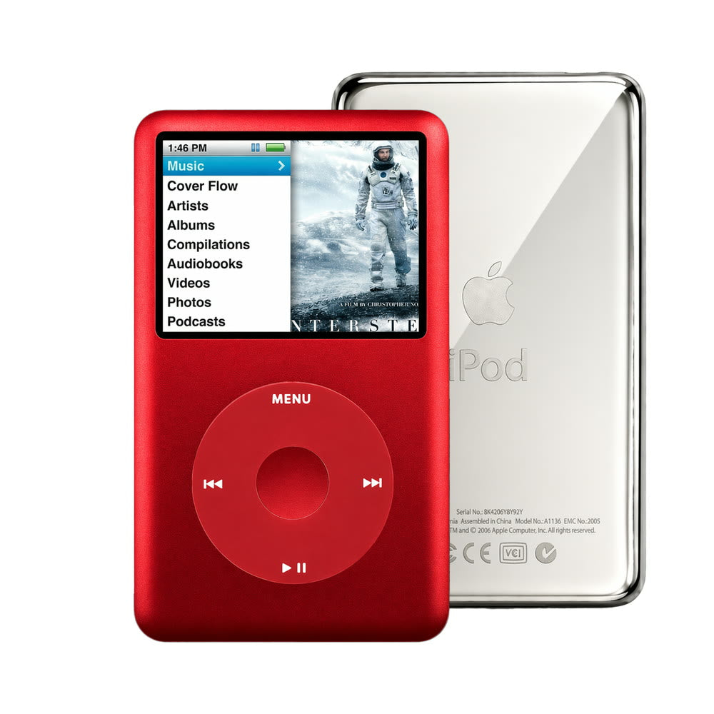 Red refurbished iPod Classic 7th Gen with Red click wheel and Silver back plate