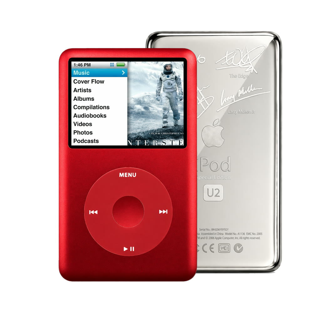 Red refurbished iPod Classic 7th Gen with Red click wheel and Silver U2 back plate