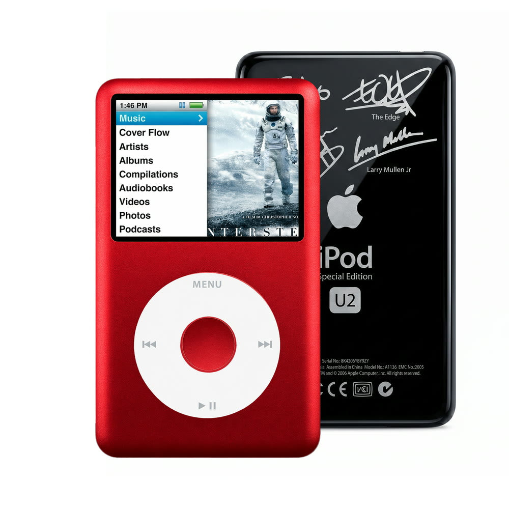 Red refurbished iPod Classic 7th Gen with White click wheel and Black U2 back plate