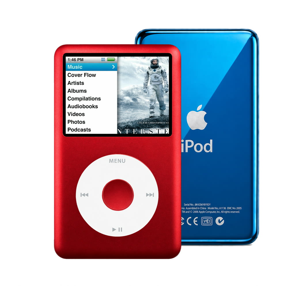 Red refurbished iPod Classic 7th Gen with White click wheel and Blue back plate
