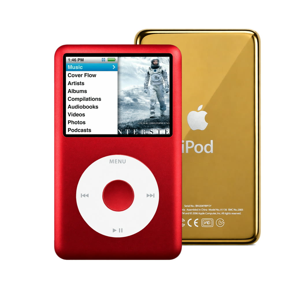 Red refurbished iPod Classic 7th Gen with White click wheel and Gold back plate
