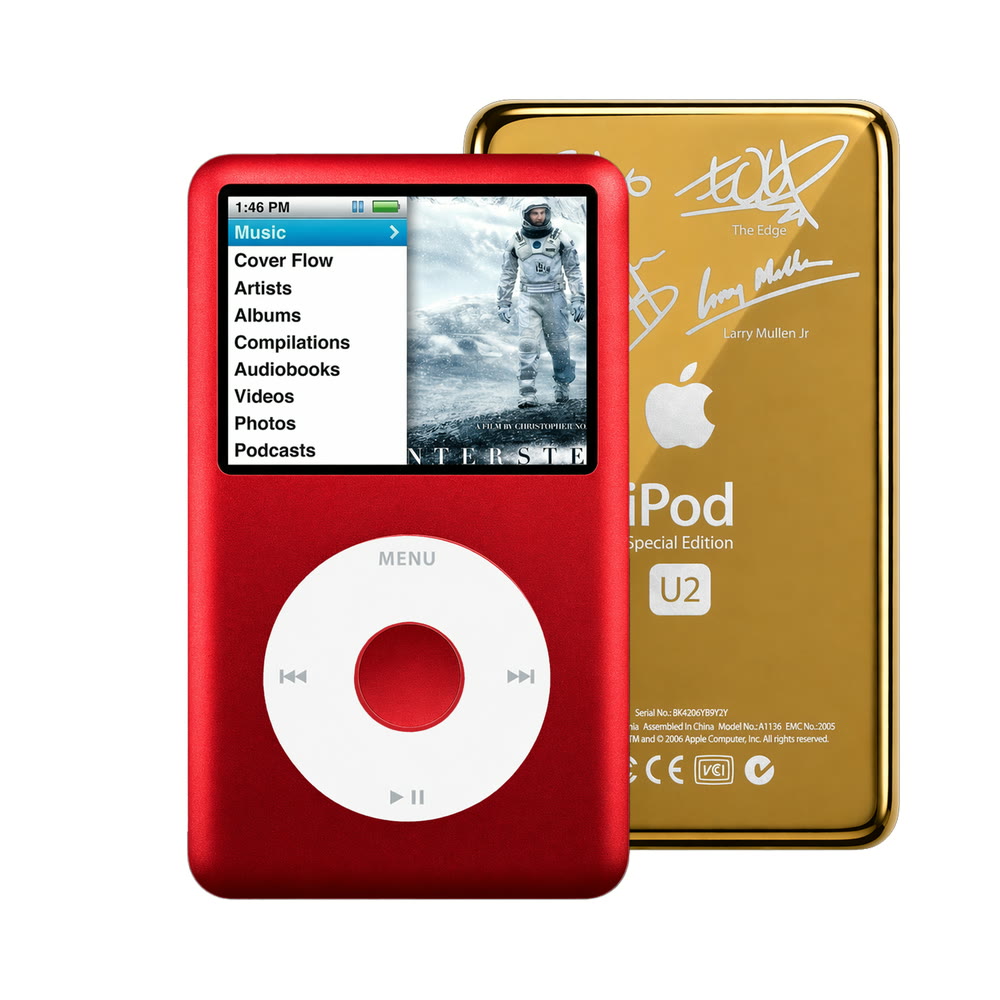 Red refurbished iPod Classic 7th Gen with White click wheel and Gold U2 back plate