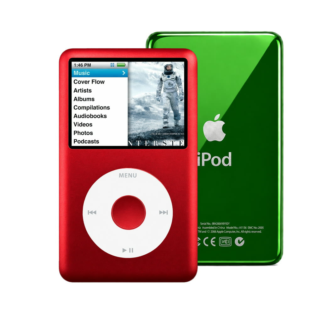 Red refurbished iPod Classic 7th Gen with White click wheel and Green back plate