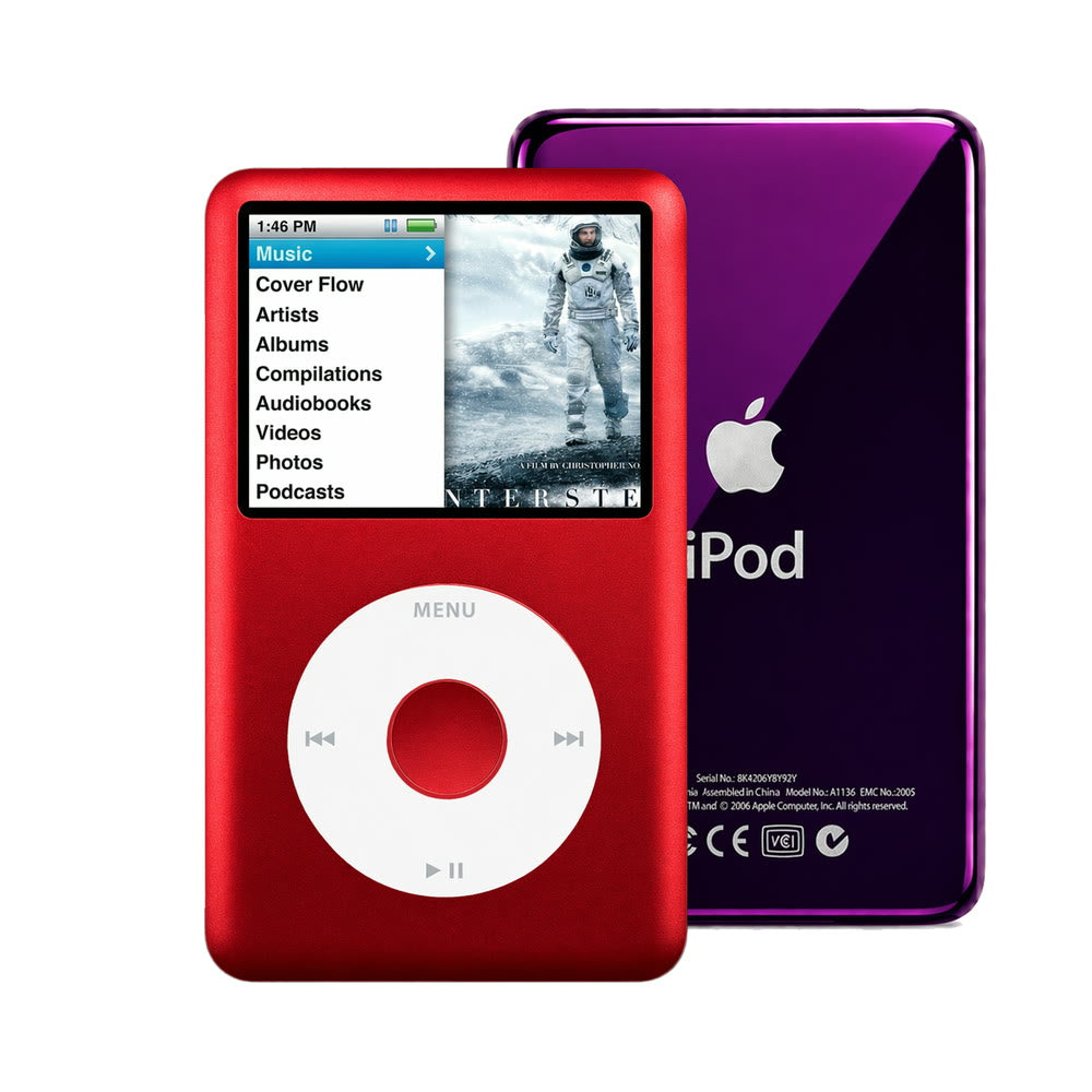 Red refurbished iPod Classic 7th Gen with White click wheel and Purple back plate