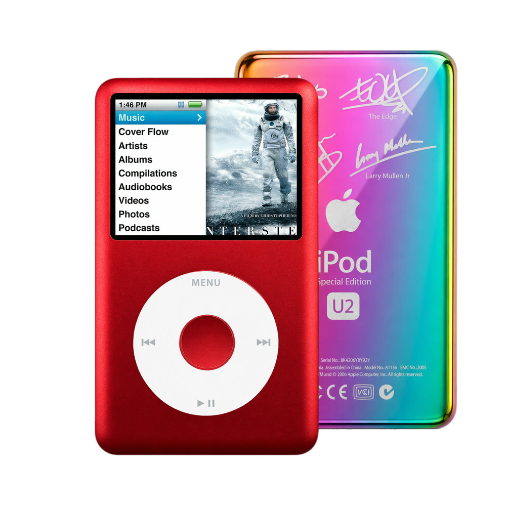 Red refurbished iPod Classic 7th Gen with White click wheel and Rainbow U2 back plate