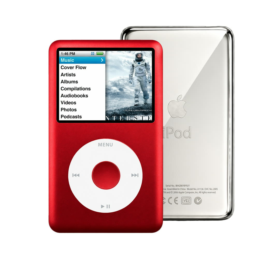 Red refurbished iPod Classic 7th Gen with White click wheel and Silver back plate