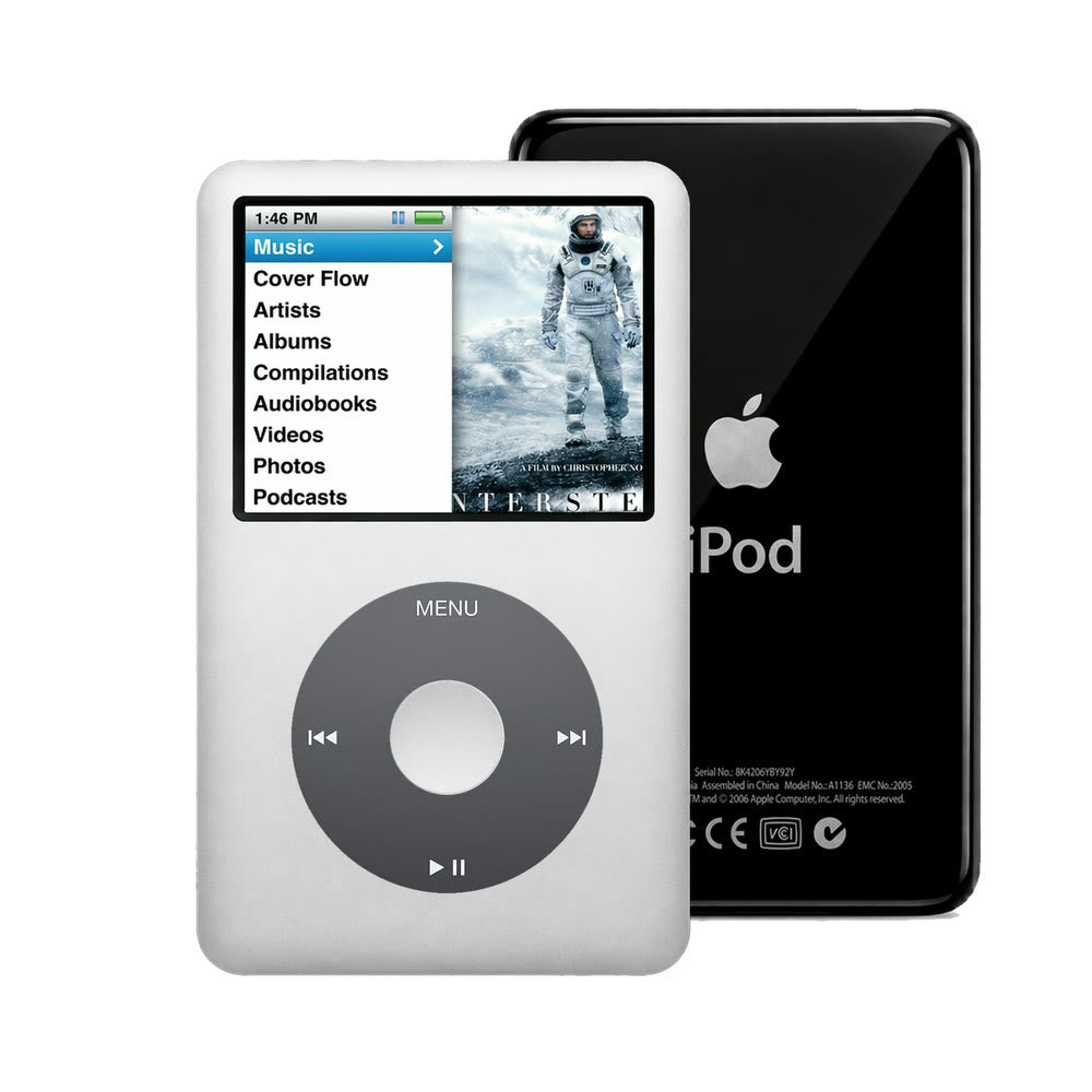 Silver refurbished iPod Classic 7th Gen with Black click wheel and Black back plate