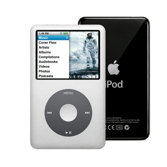 Silver refurbished iPod Classic 7th Gen with Black click wheel and Black back plate