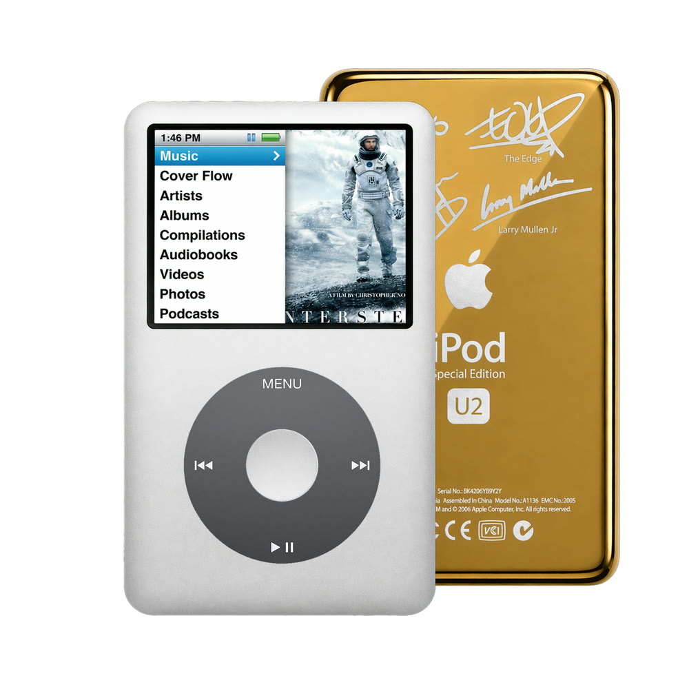 Silver refurbished iPod Classic 7th Gen with Black click wheel and Gold U2 back plate