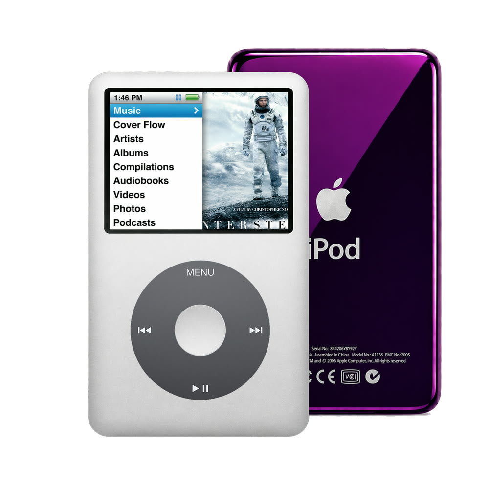 Silver refurbished iPod Classic 7th Gen with Black click wheel and Purple back plate