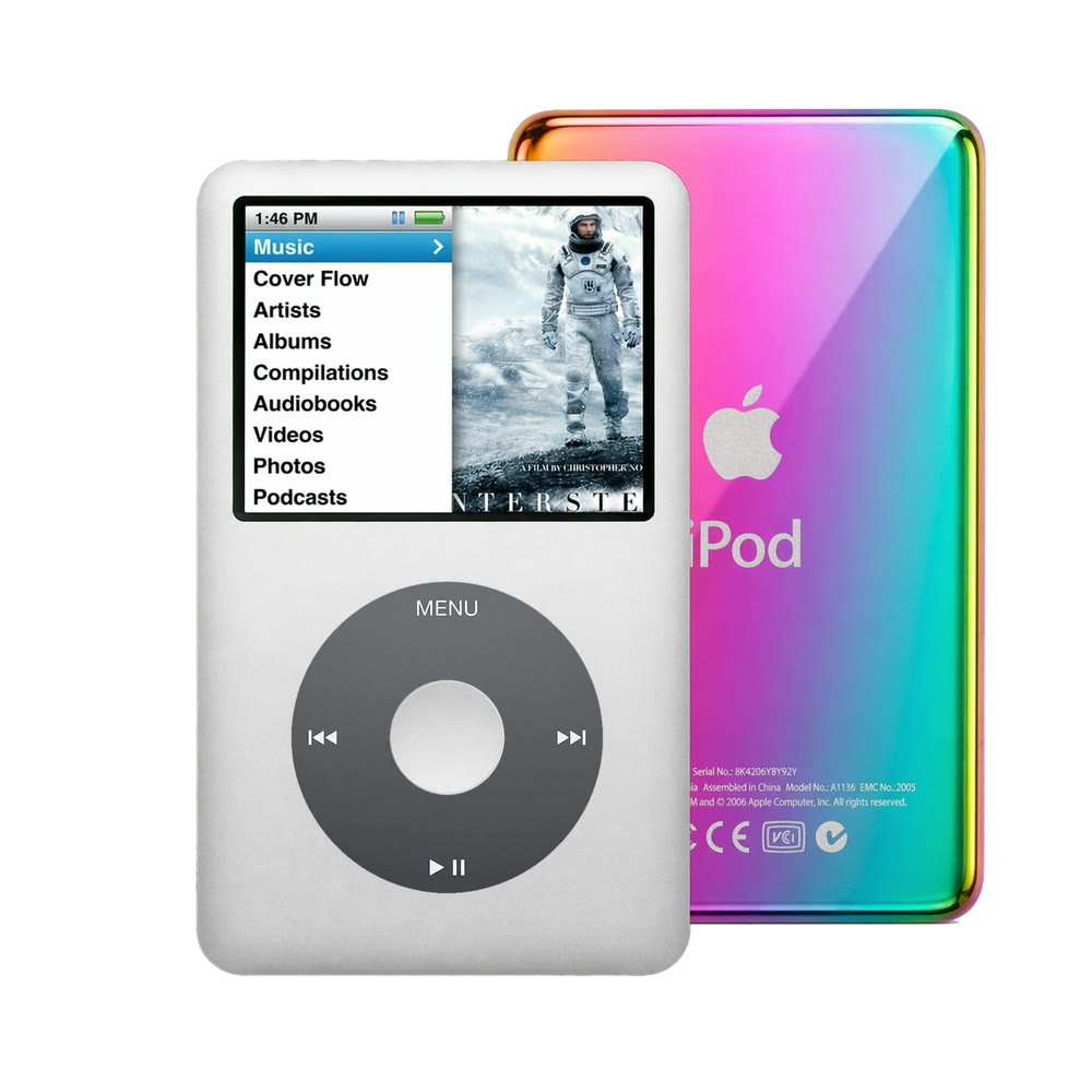 Silver refurbished iPod Classic 7th Gen with Black click wheel and Rainbow back plate
