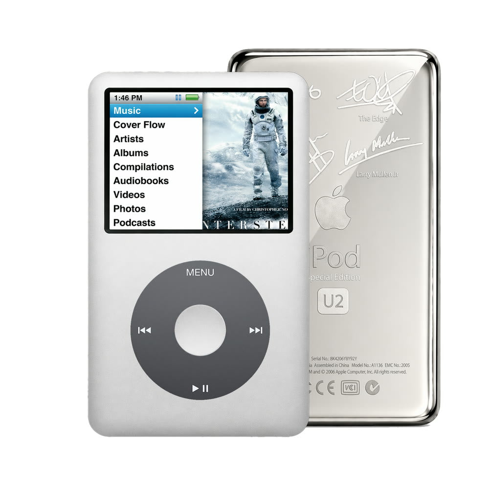 Silver refurbished iPod Classic 7th Gen with Black click wheel and Silver U2 back plate