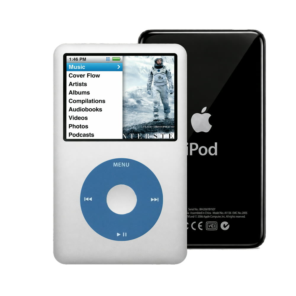 Silver refurbished iPod Classic 7th Gen with Blue click wheel and Black back plate