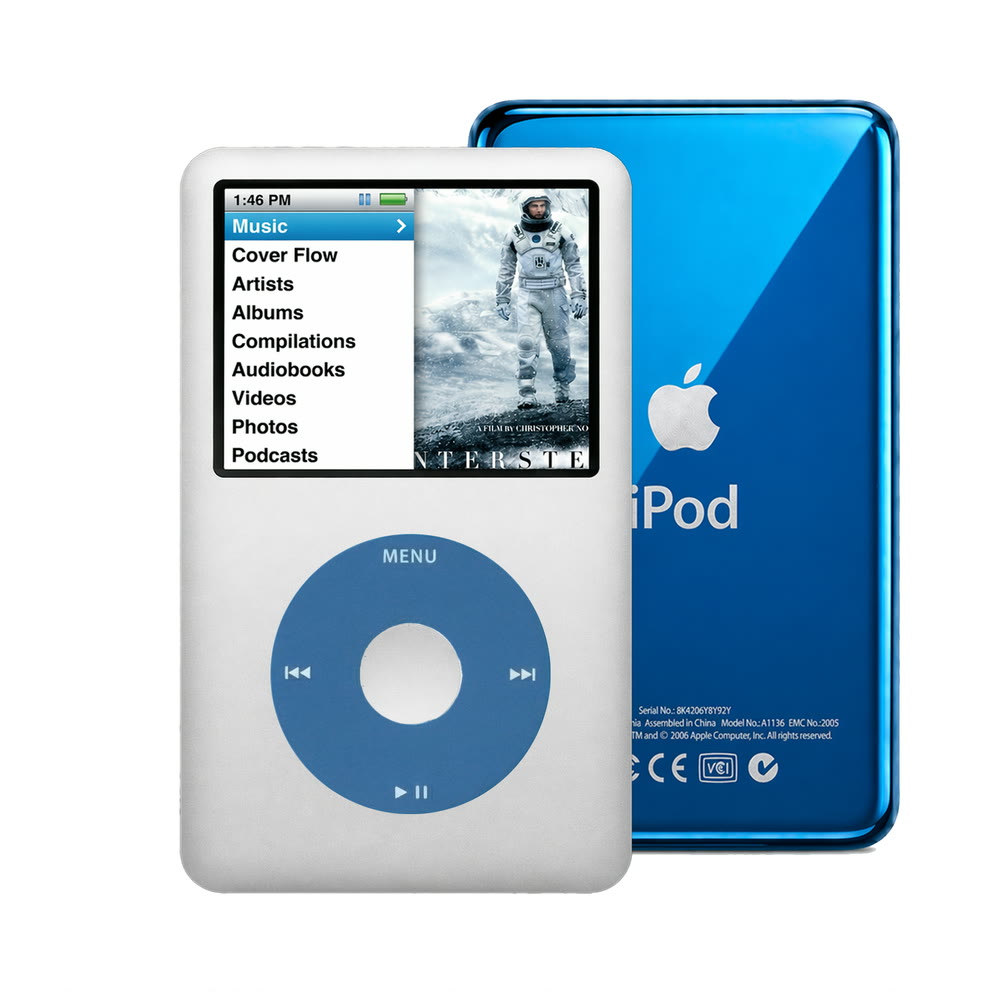 Silver refurbished iPod Classic 7th Gen with Blue click wheel and Blue back plate