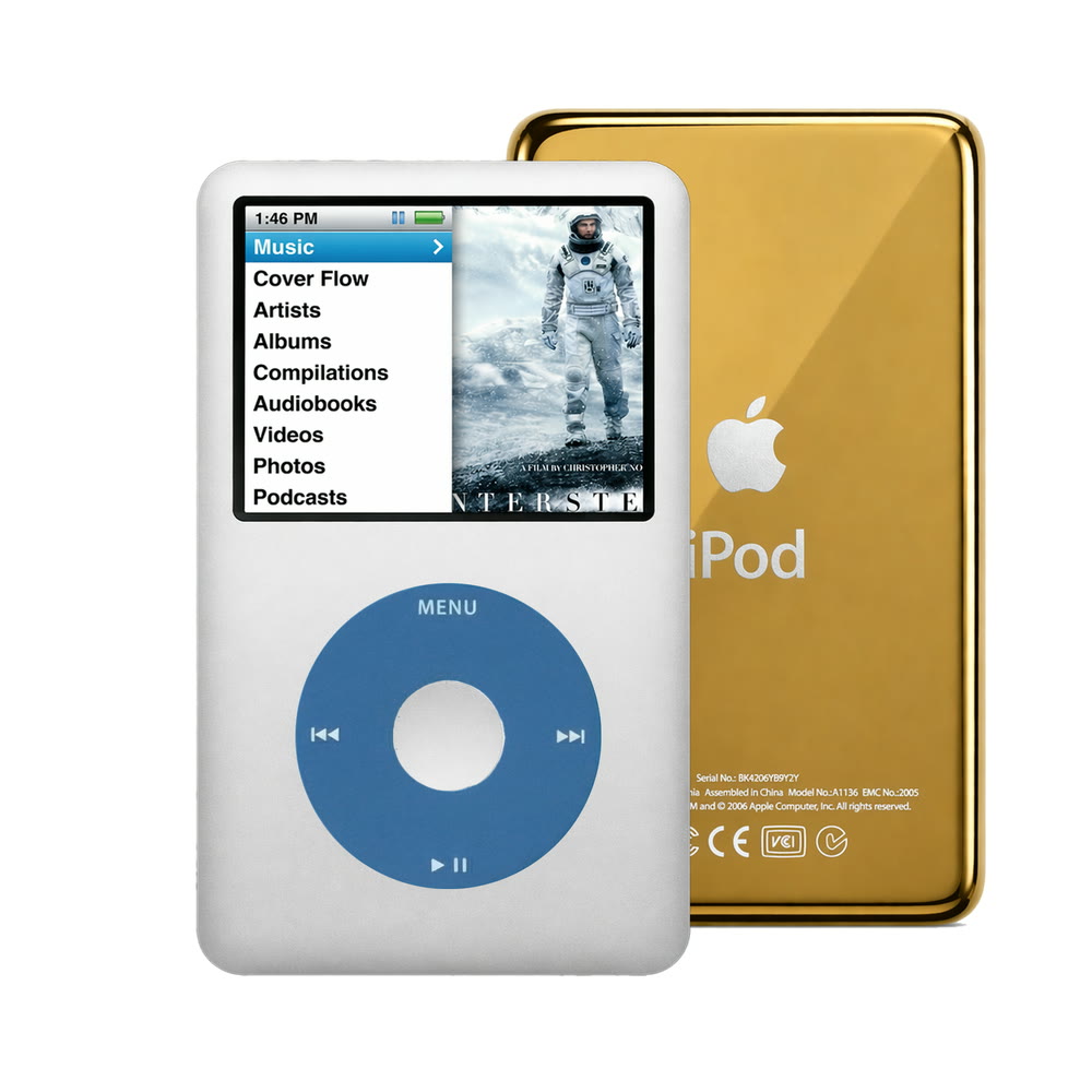 Silver refurbished iPod Classic 7th Gen with Blue click wheel and Gold back plate