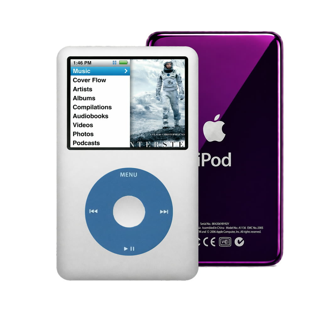 Silver refurbished iPod Classic 7th Gen with Blue click wheel and Purple back plate