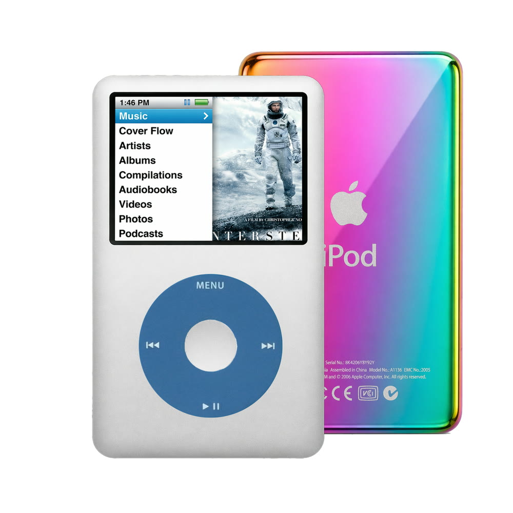 Silver refurbished iPod Classic 7th Gen with Blue click wheel and Rainbow back plate
