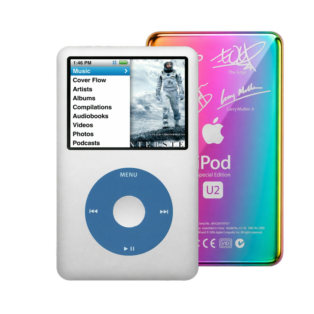Silver refurbished iPod Classic 7th Gen with Blue click wheel and Rainbow U2 back plate