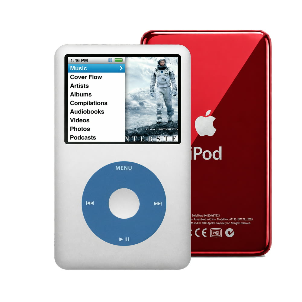 Silver refurbished iPod Classic 7th Gen with Blue click wheel and Red back plate