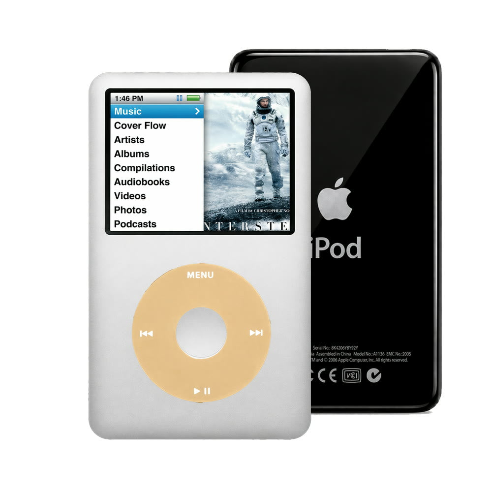 Silver refurbished iPod Classic 7th Gen with Gold click wheel and Black back plate