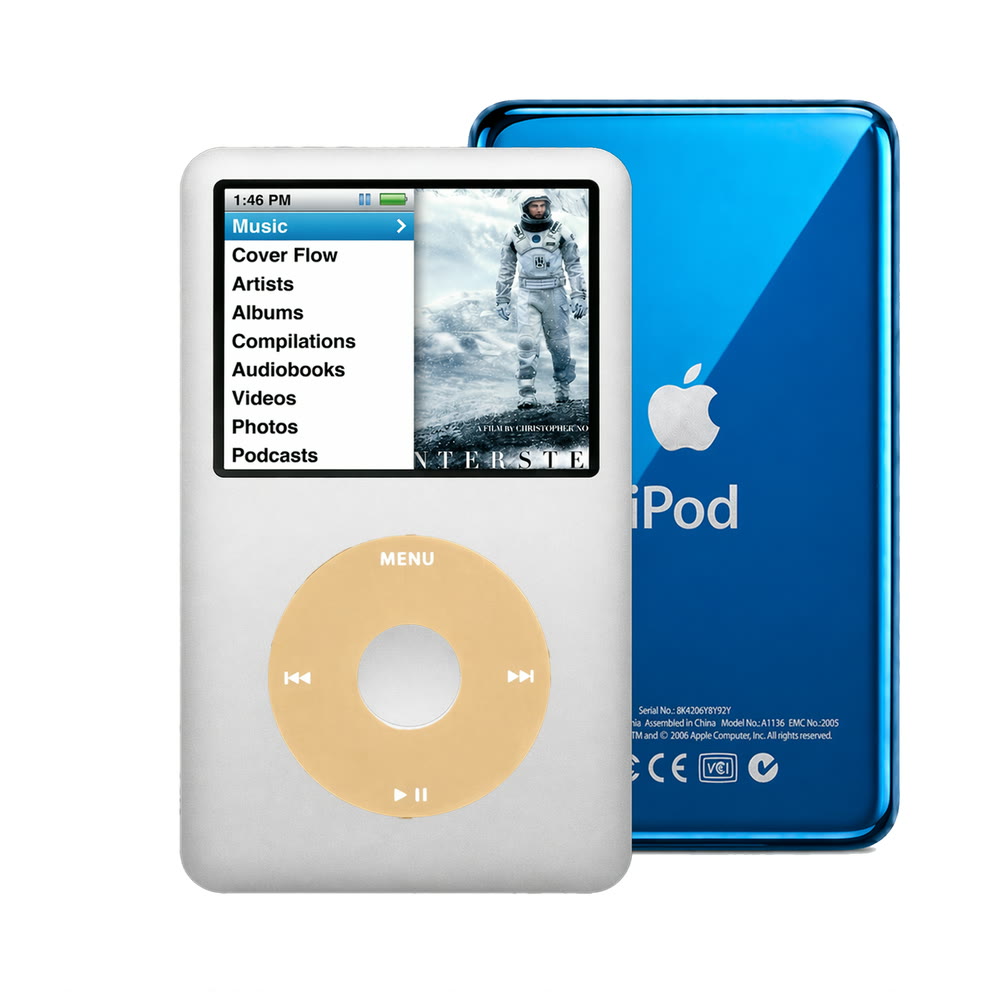 Silver refurbished iPod Classic 7th Gen with Gold click wheel and Blue back plate