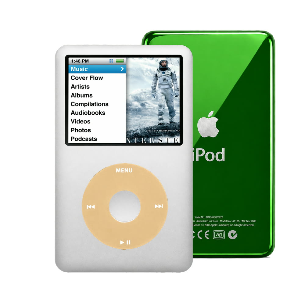 Silver refurbished iPod Classic 7th Gen with Gold click wheel and Green back plate