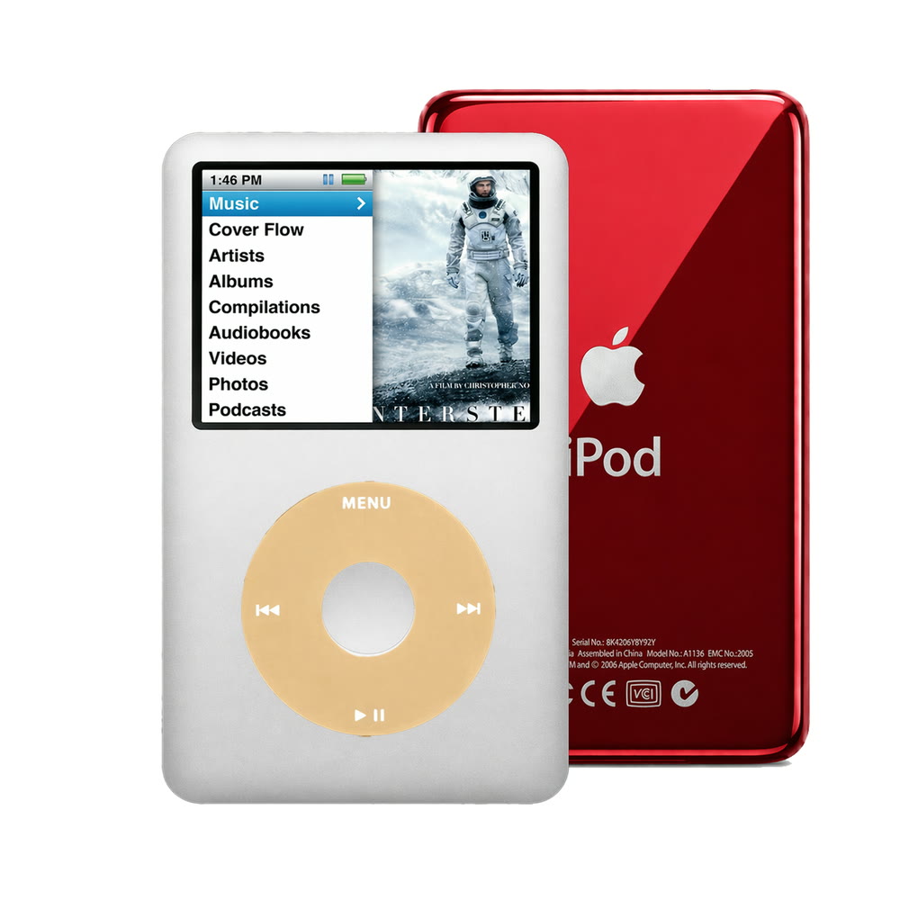Silver refurbished iPod Classic 7th Gen with Gold click wheel and Red back plate