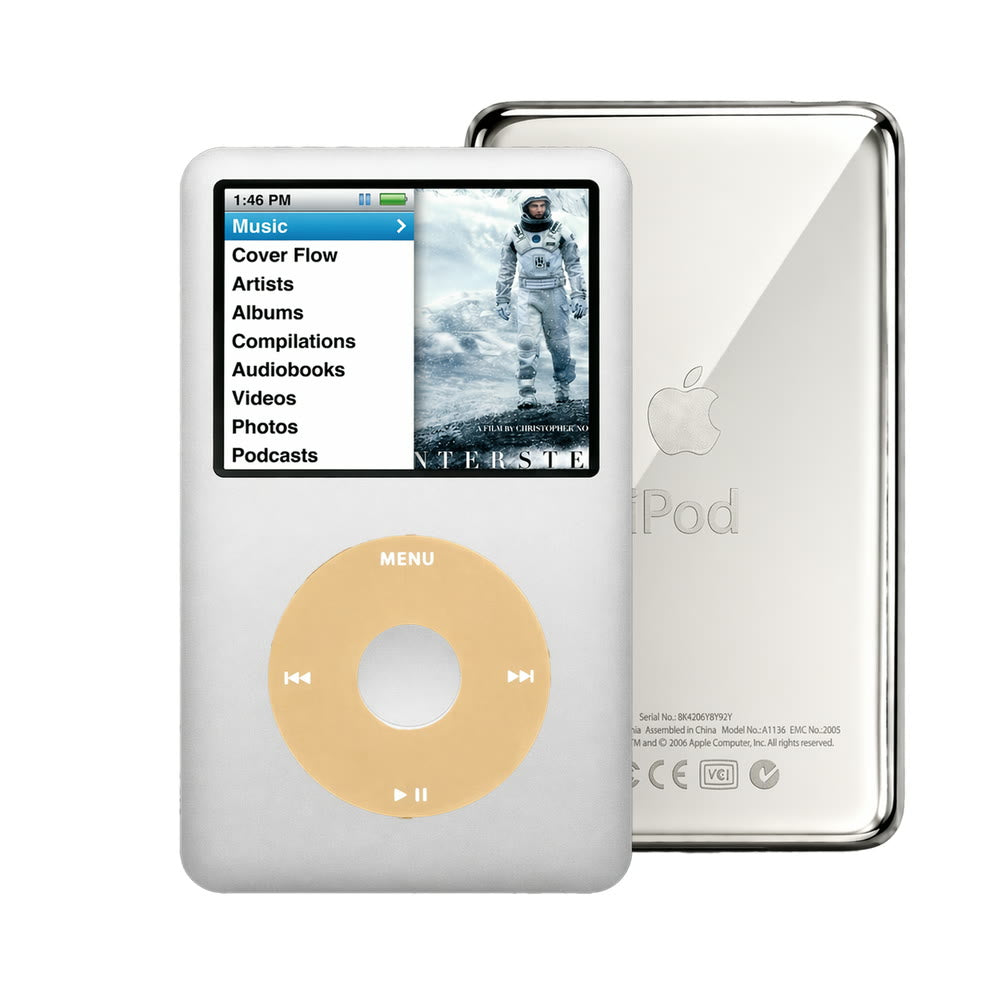 Silver refurbished iPod Classic 7th Gen with Gold click wheel and Silver back plate