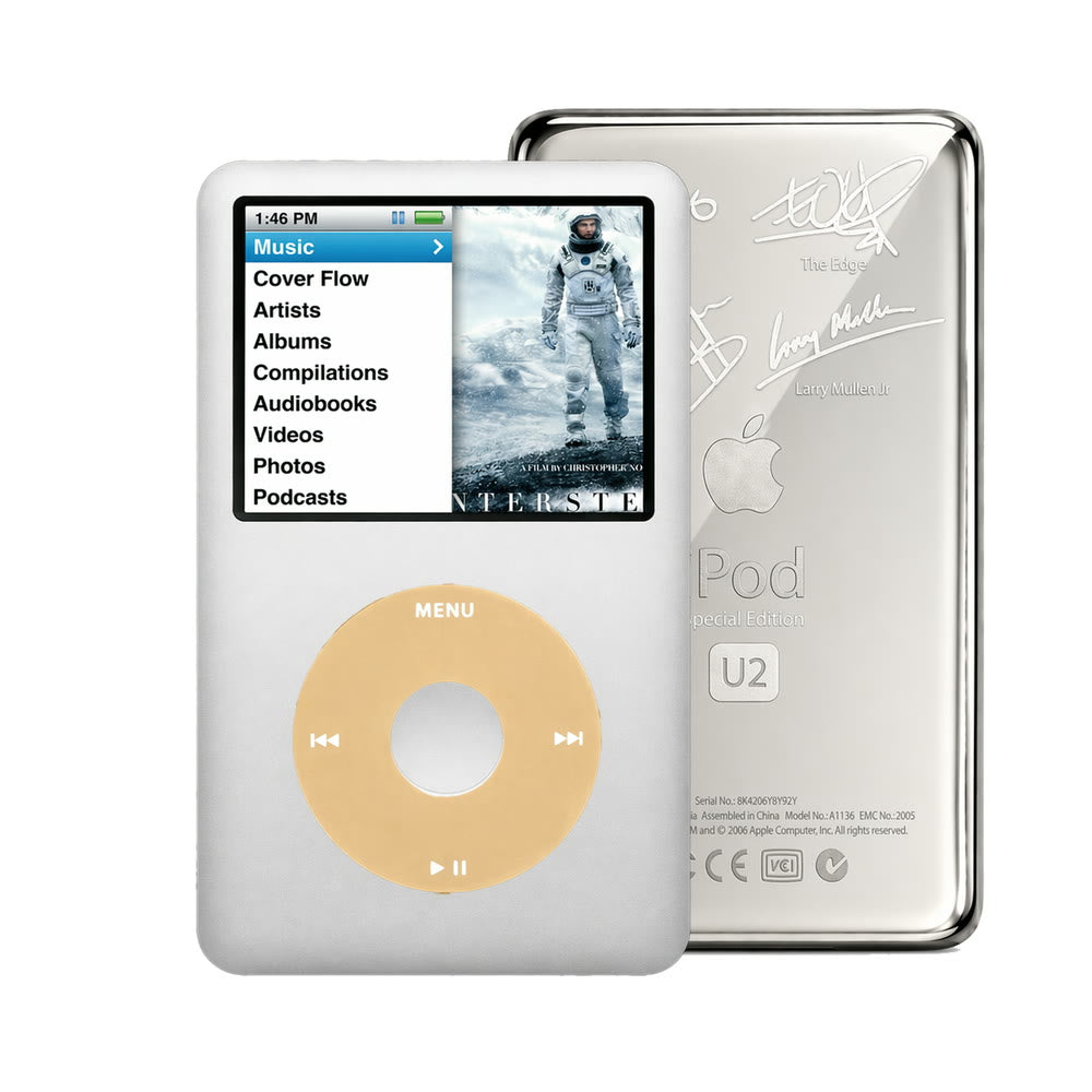 Silver refurbished iPod Classic 7th Gen with Gold click wheel and Silver U2 back plate