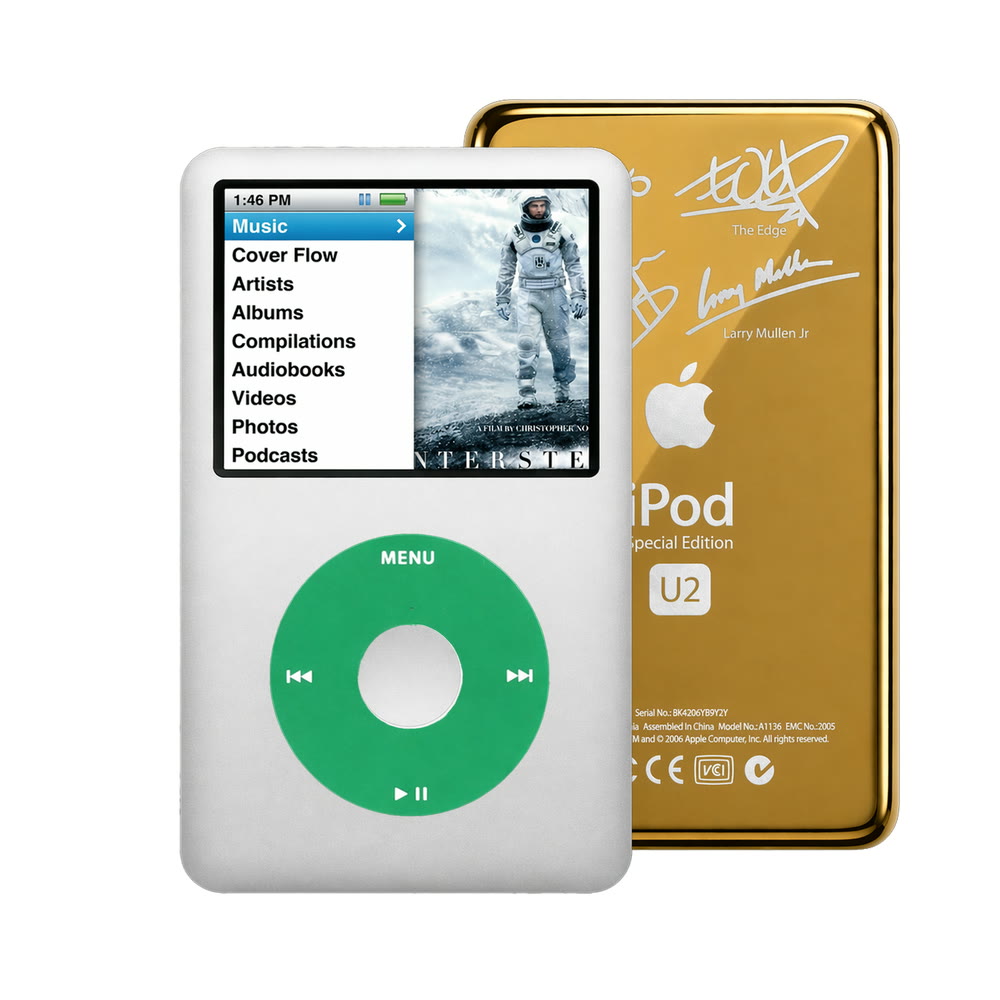 Silver refurbished iPod Classic 7th Gen with Green click wheel and Gold U2 back plate