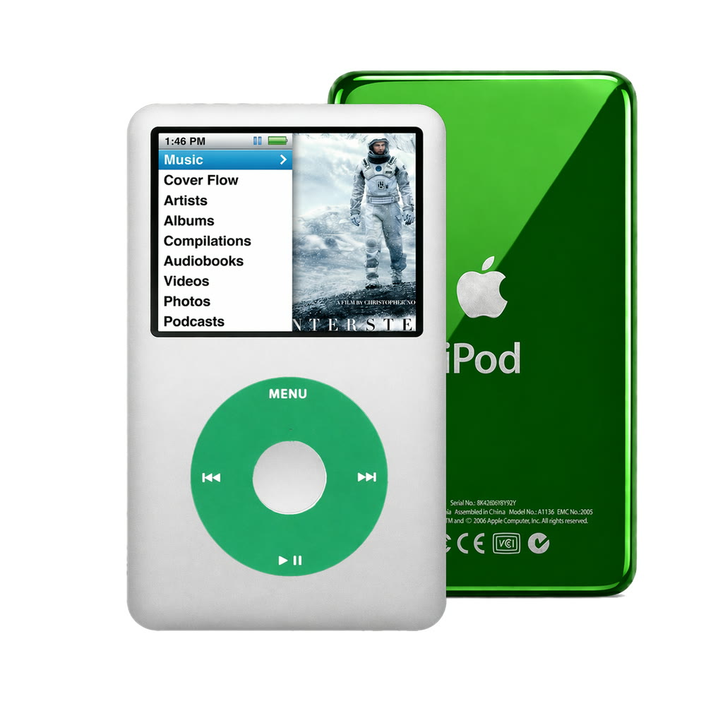 Silver refurbished iPod Classic 7th Gen with Green click wheel and Green back plate