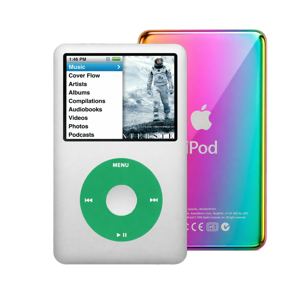 Silver refurbished iPod Classic 7th Gen with Green click wheel and Rainbow back plate