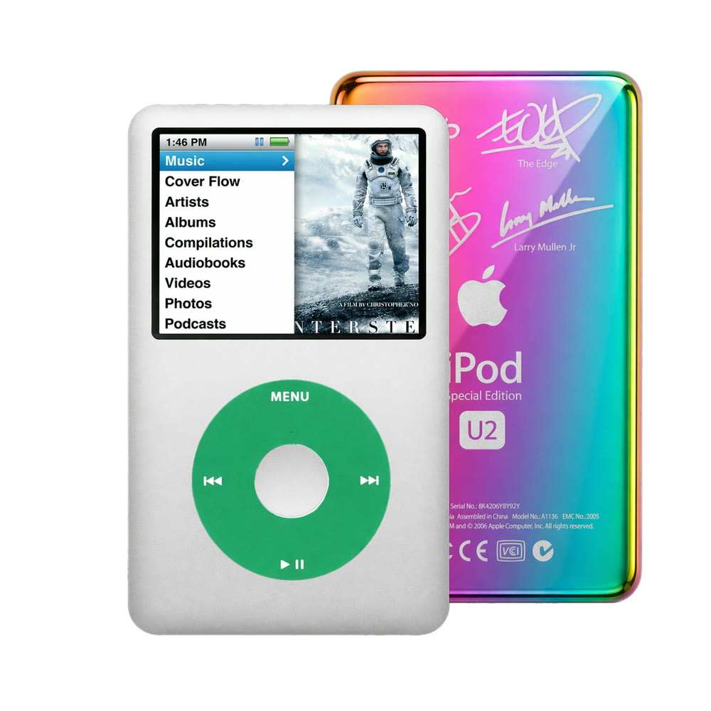 Silver refurbished iPod Classic 7th Gen with Green click wheel and Rainbow U2 back plate