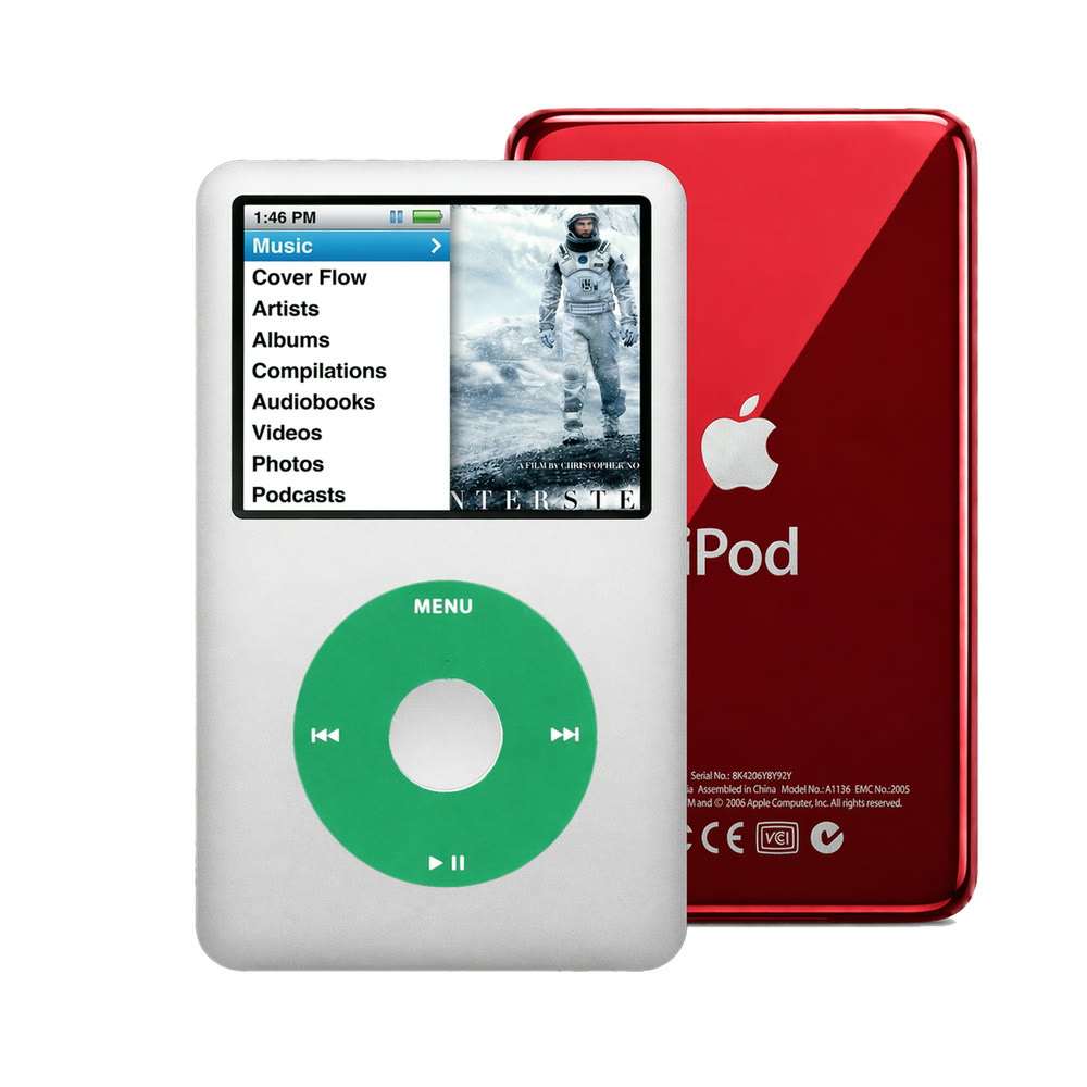 Silver refurbished iPod Classic 7th Gen with Green click wheel and Red back plate