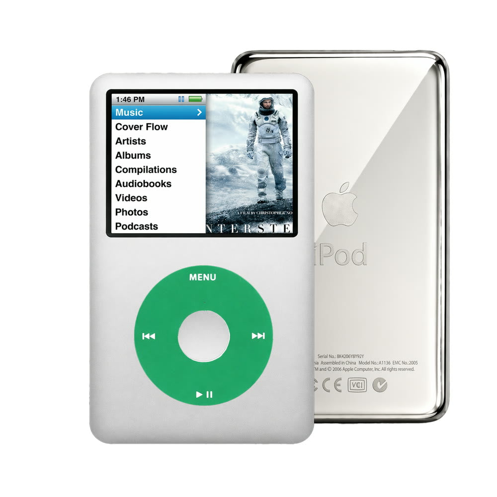 Silver refurbished iPod Classic 7th Gen with Green click wheel and Silver back plate