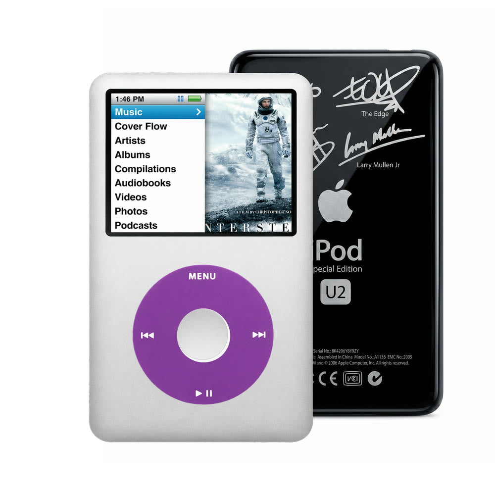 Silver refurbished iPod Classic 7th Gen with Purple click wheel and Black U2 back plate