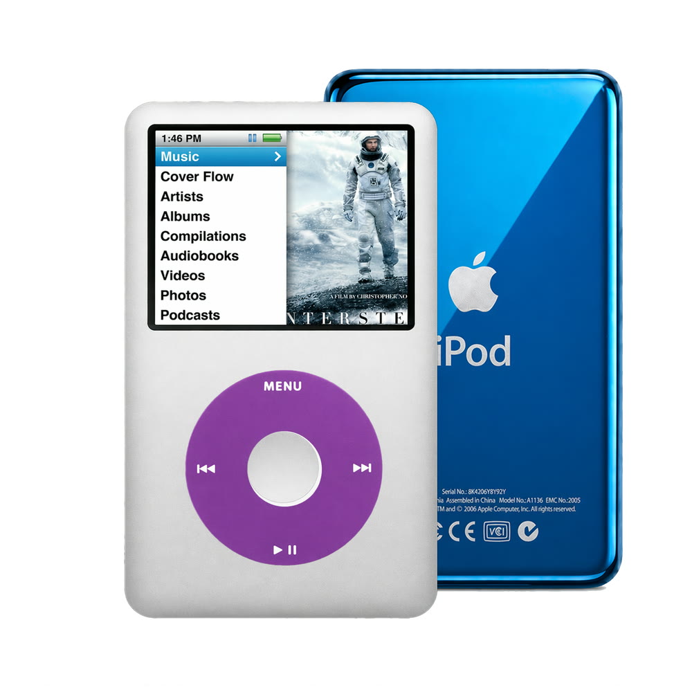 Silver refurbished iPod Classic 7th Gen with Purple click wheel and Blue back plate
