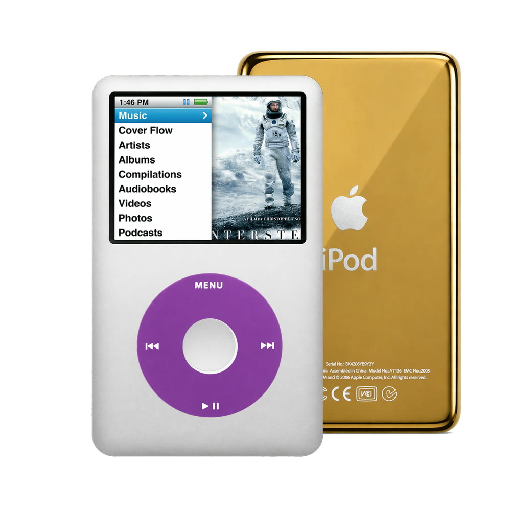 Silver refurbished iPod Classic 7th Gen with Purple click wheel and Gold back plate