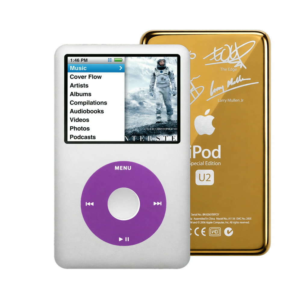 Silver refurbished iPod Classic 7th Gen with Purple click wheel and Gold U2 back plate