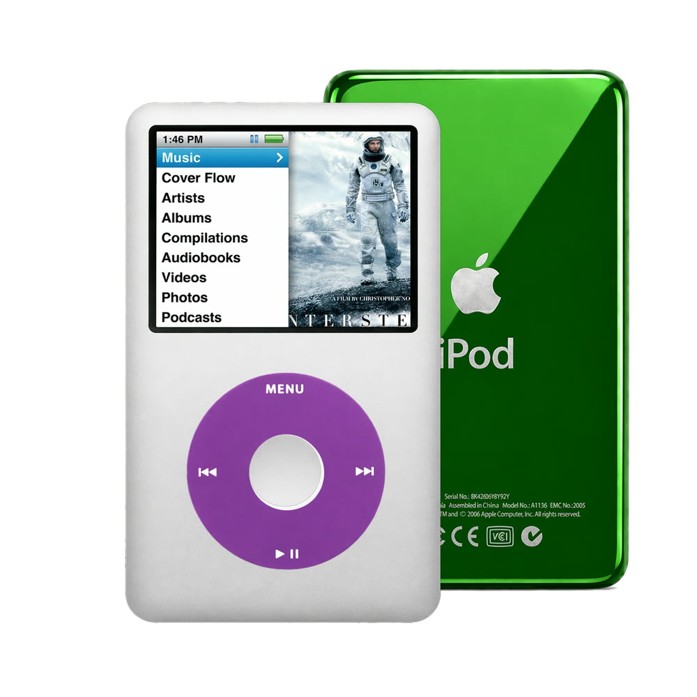 Silver refurbished iPod Classic 7th Gen with Purple click wheel and Green back plate