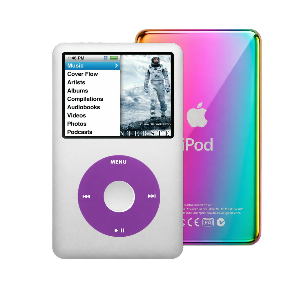 Silver refurbished iPod Classic 7th Gen with Purple click wheel and Rainbow back plate
