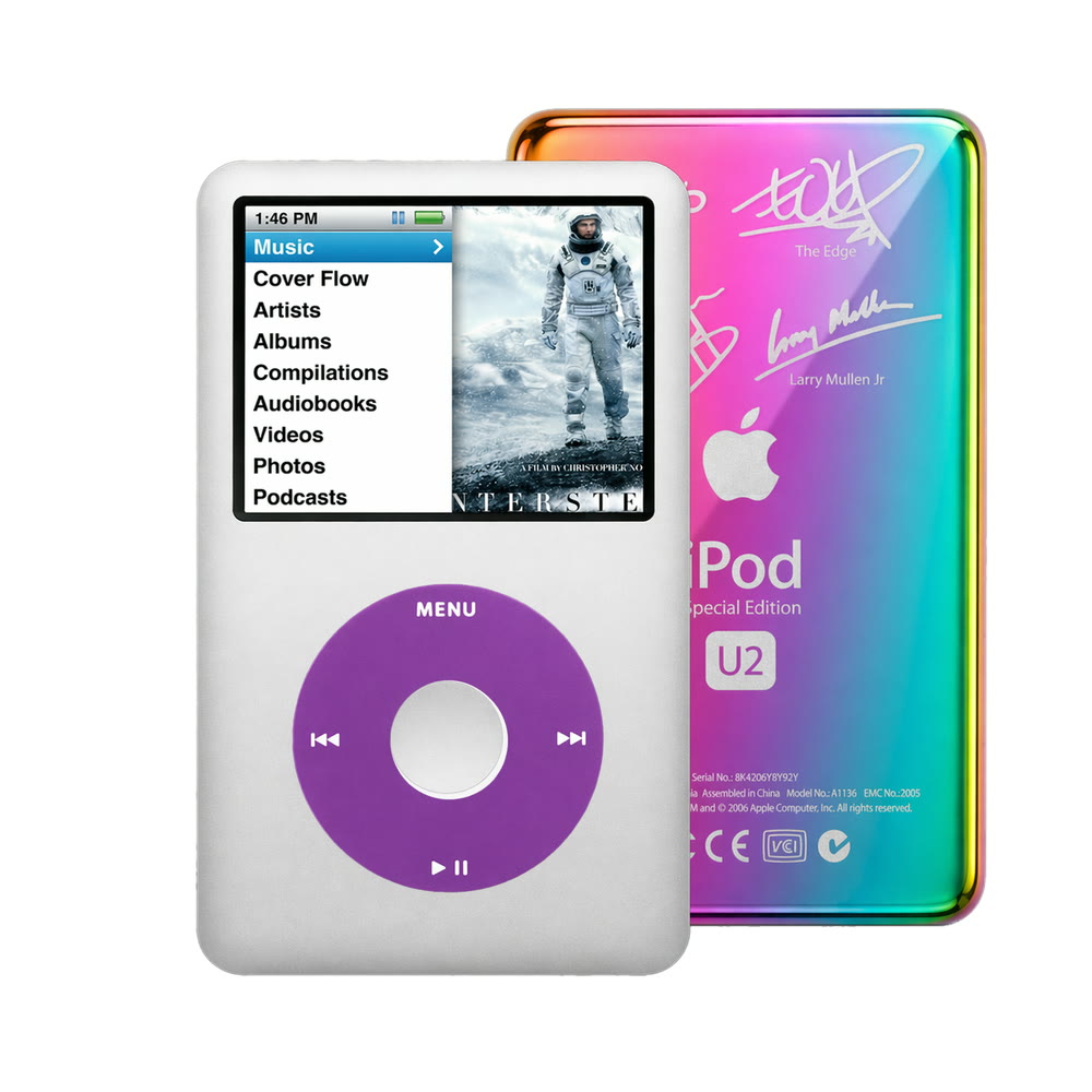 Silver refurbished iPod Classic 7th Gen with Purple click wheel and Rainbow U2 back plate