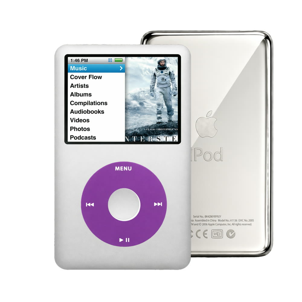 Silver refurbished iPod Classic 7th Gen with Purple click wheel and Silver back plate