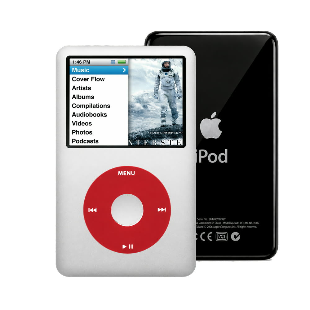 Silver refurbished iPod Classic 7th Gen with Red click wheel and Black back plate