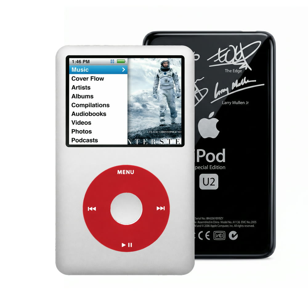 Silver refurbished iPod Classic 7th Gen with Red click wheel and Black U2 back plate