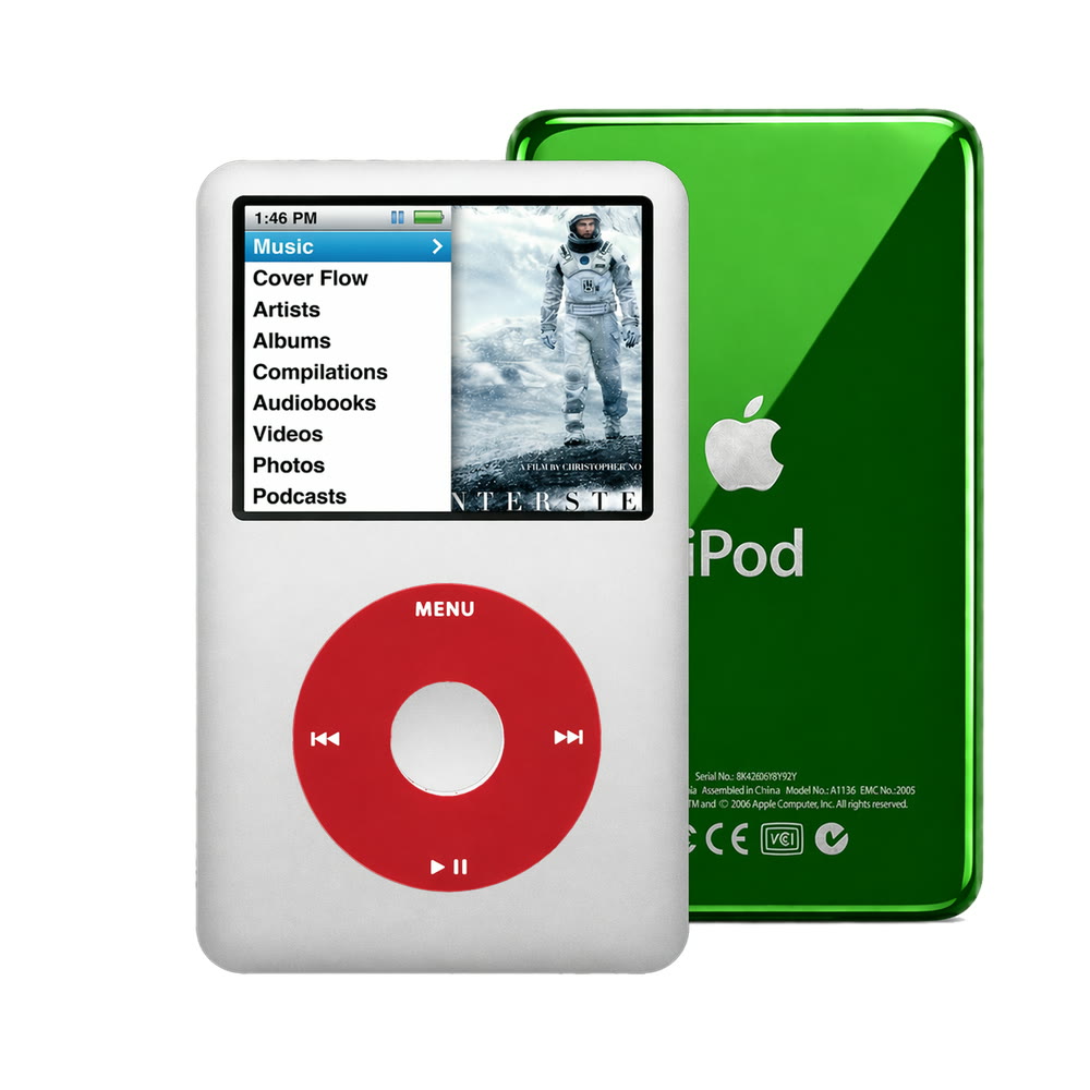 Silver refurbished iPod Classic 7th Gen with Red click wheel and Green back plate