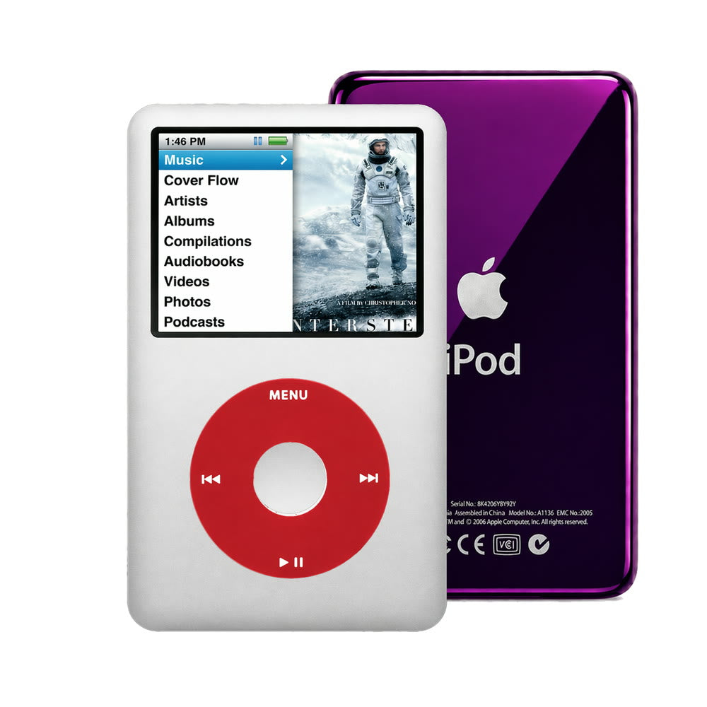 Silver refurbished iPod Classic 7th Gen with Red click wheel and Purple back plate