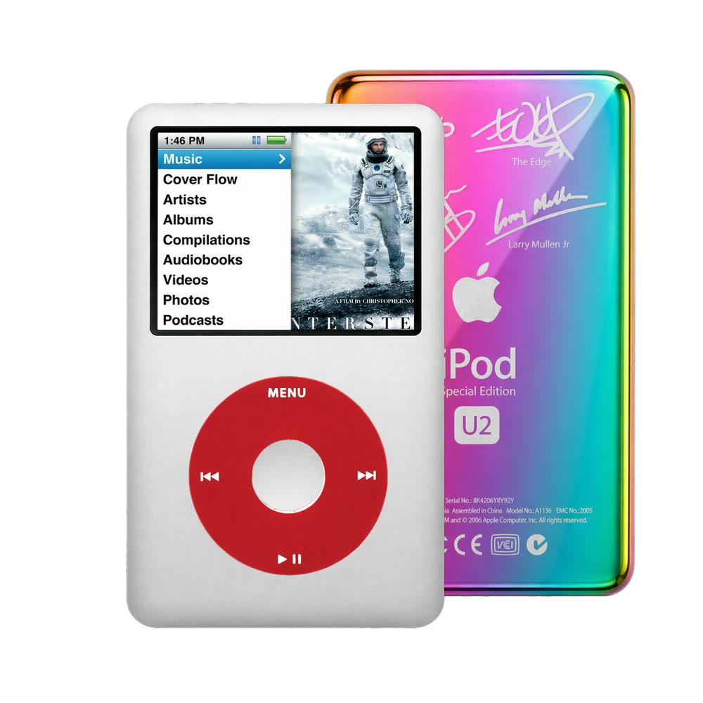 Silver refurbished iPod Classic 7th Gen with Red click wheel and Rainbow U2 back plate