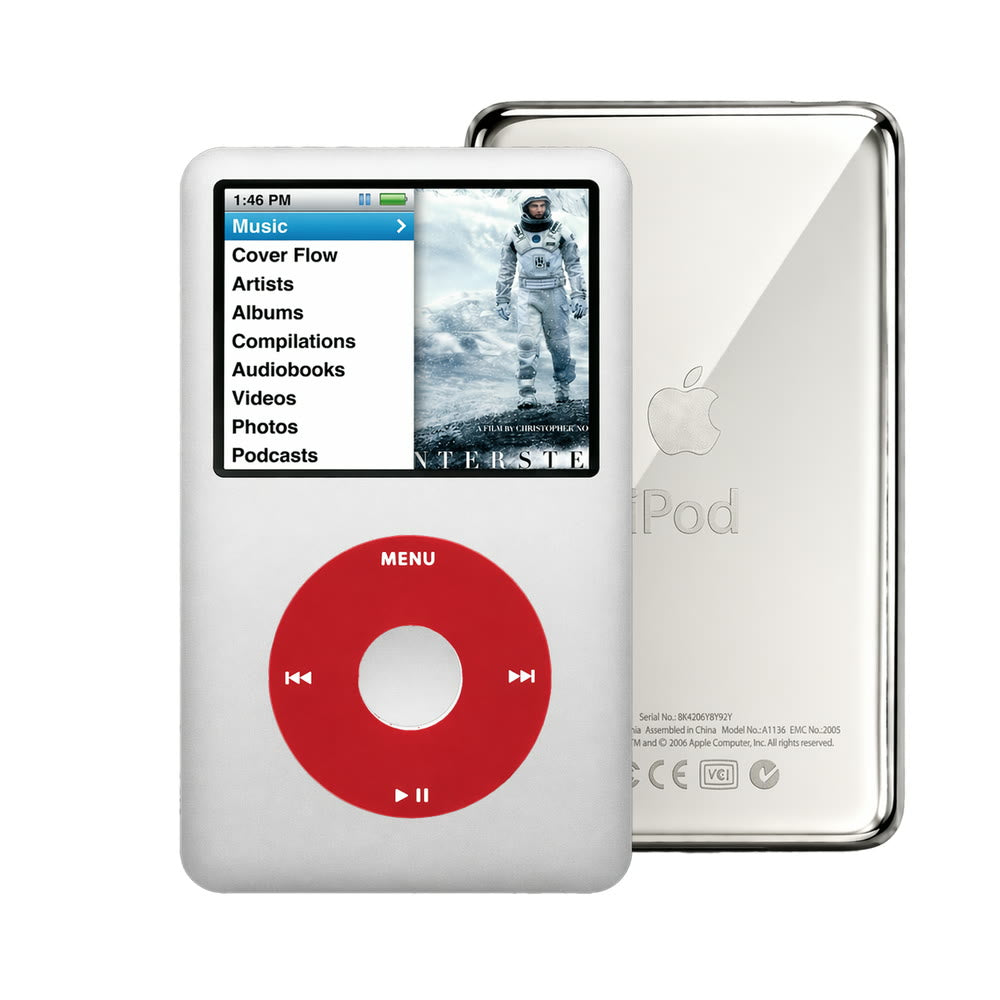 Silver refurbished iPod Classic 7th Gen with Red click wheel and Silver back plate